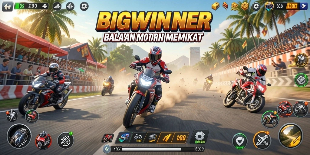Screenshot gameplay BIGWINNER menampilkan aksi seru balapan motor.