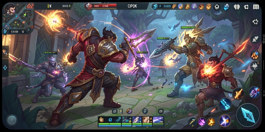 Tangkapan layar utama menampilkan aksi seru dalam gameplay MOBA.
