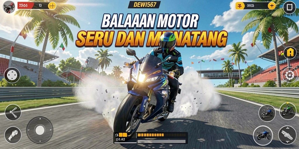 Screenshot gameplay DEWI567 menunjukkan aksi balapan motor yang mendebarkan.