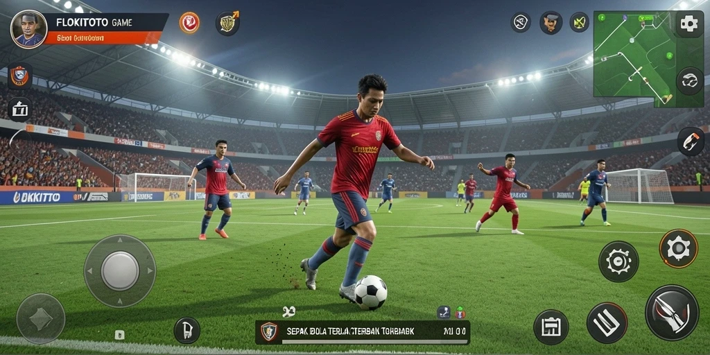 Tangkapan layar utama dari gameplay sepak bola yang mendebarkan.