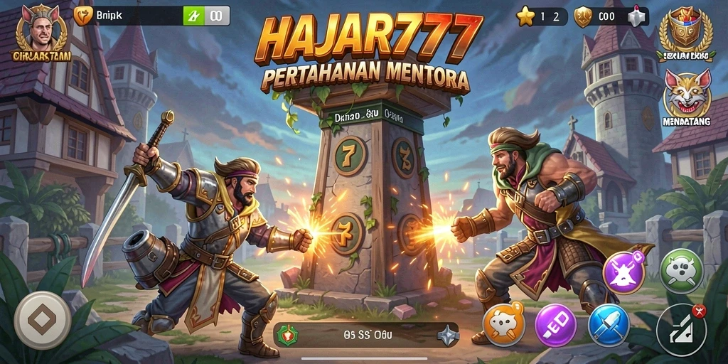 Screenshot utama HAJAR777 menampilkan aksi seru dalam pertahanan menara.