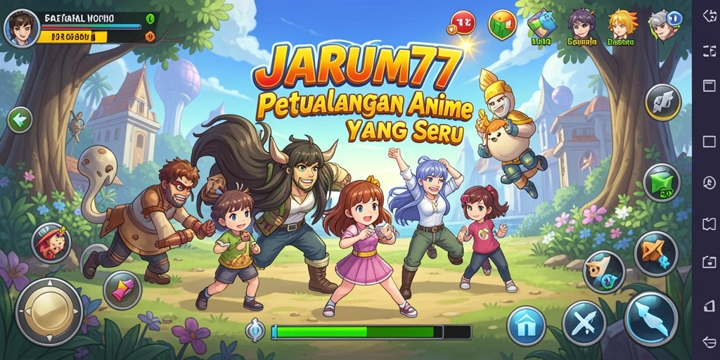 Tampilan gameplay seru dari JARUM77 dengan karakter anime yang beragam.