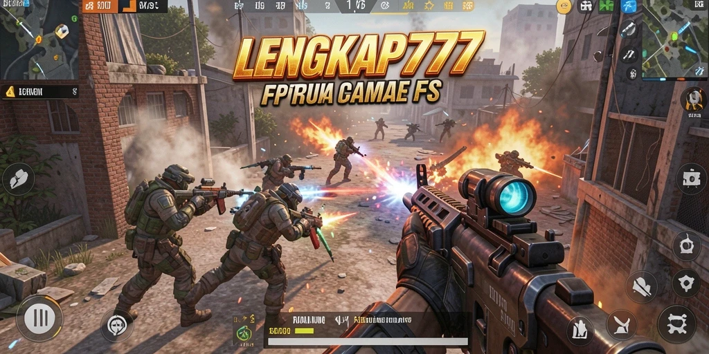 Screenshot gameplay LENGKAP777 menampilkan aksi tembak menembak yang intens.