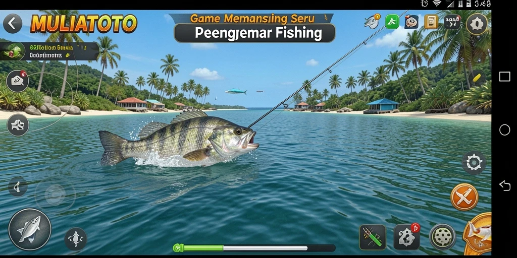 Tampilan gameplay seru di MULIATOTO saat memancing ikan besar.