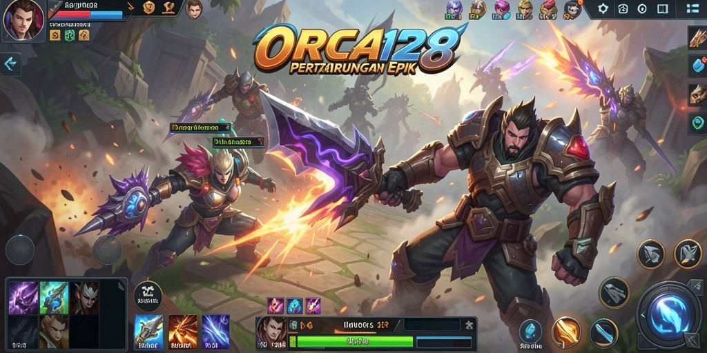 Gameplay seru ORCA128 dengan pertarungan intens antar hero.