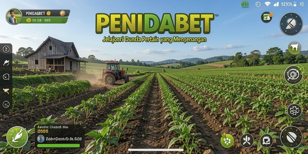 Screenshot yang menampilkan gameplay berkebun di PENIDABET dengan ladang hijau subur.