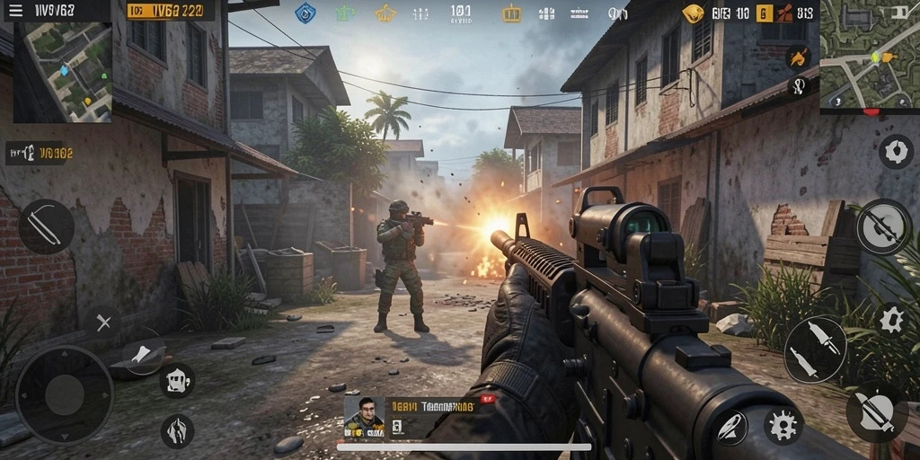 Screenshot gameplay VV62 menampilkan aksi mendebarkan dalam pertempuran FPS.