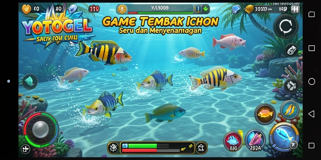 Tampilan gameplay YOTOGEL dengan aksi menembak ikan yang seru.